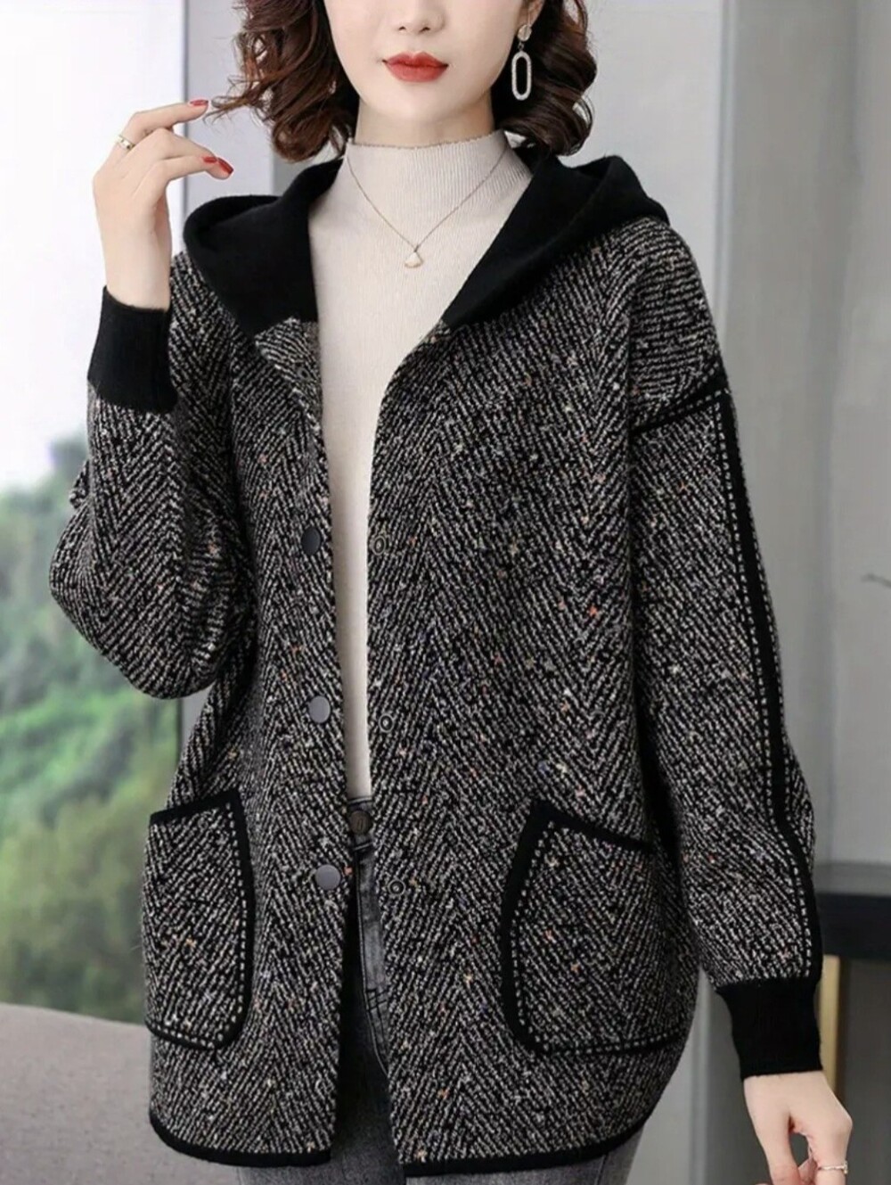 Casual Hooded Long Sleeve Regular Length Loose Fit Single Breasted Button Front